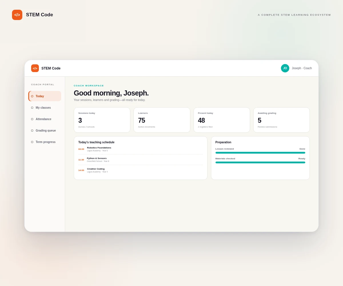 STEM Code coach dashboard